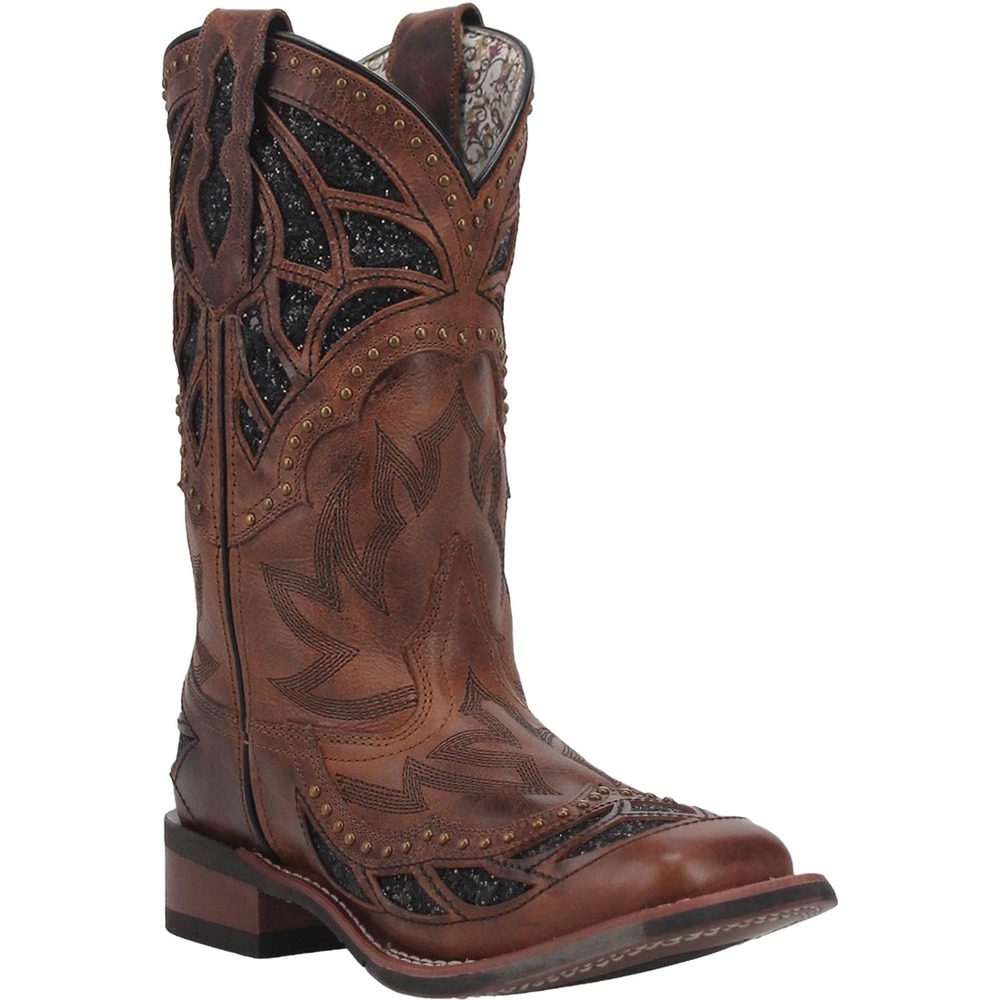 NEW Laredo Eternity Brown Leather Glitter Studded Square Toe Western Boots  9.5M